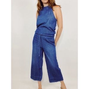 Anthropologie Cloth & Stone Blue Halter Chambray Denim Wide Leg Jumpsuit raw hem